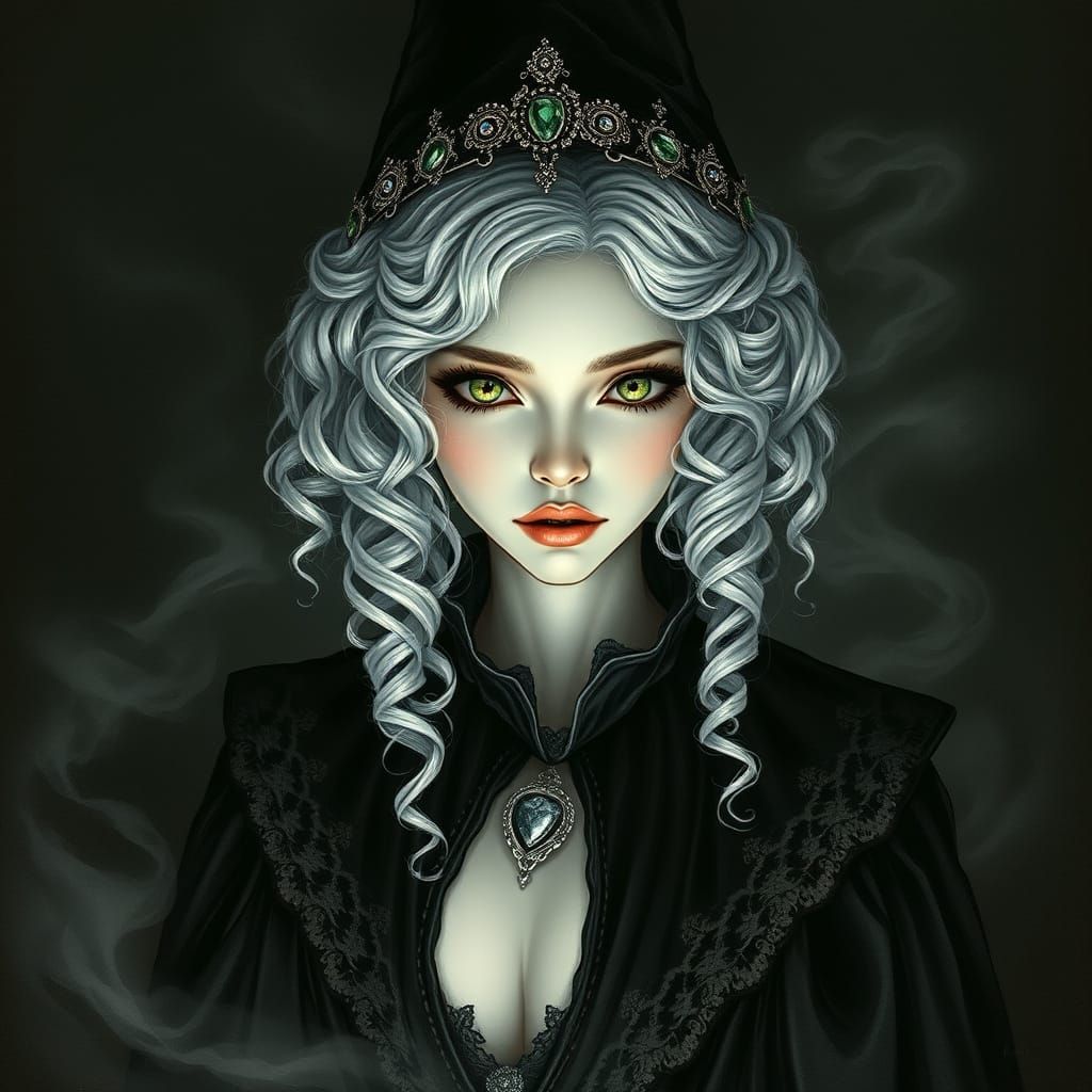 Ethereal Witch in Charcoal Drawing Style