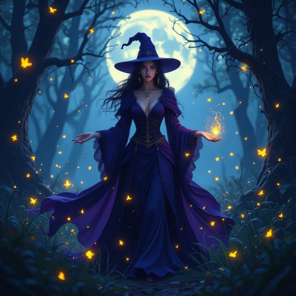 Enchanting Witch in Firefly Forest