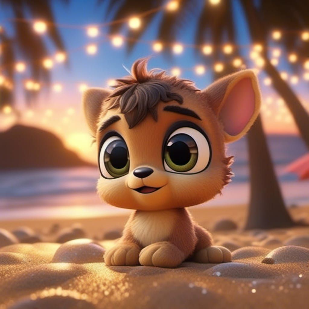 Chibi Character at Beach Party in 3D Cartoon Style