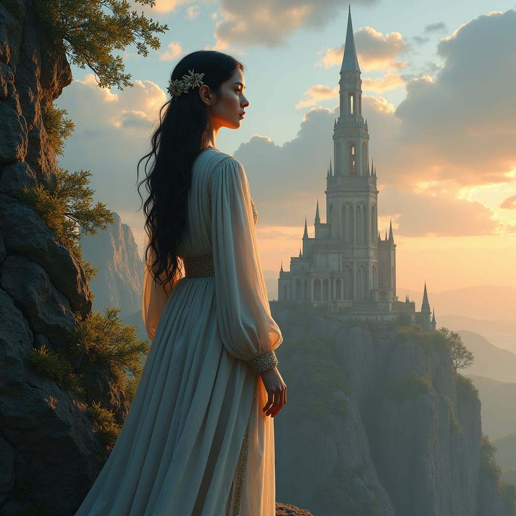 Tower Maiden Gazing at Fantasy Landscape
