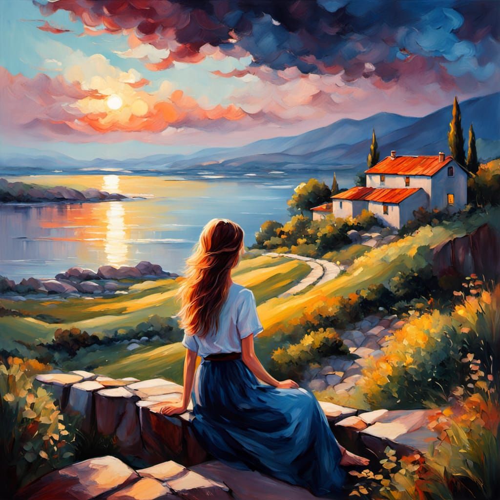 Woman with Wine by Blue Sea in Golden Hour Oil Painting
