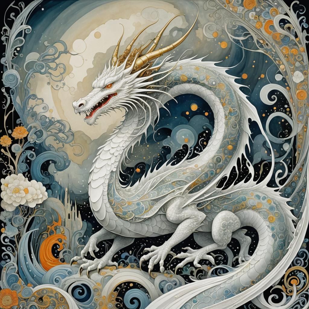 Elegant White Dragon Illustration in Abstract Style