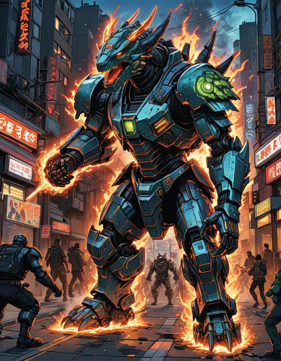 Kaiju dinosaur fights giant samurai robot