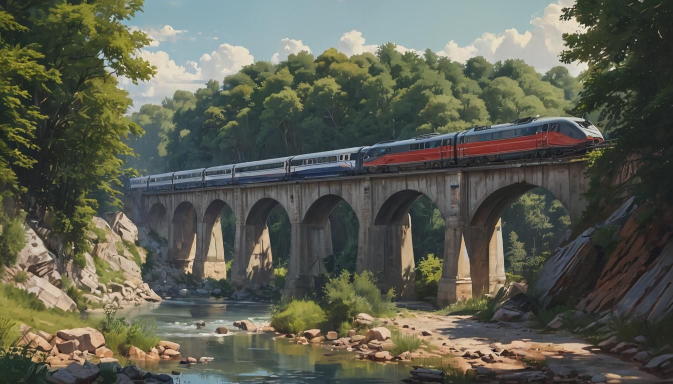 High-Speed Train on Bridge in Watercolor Landscape