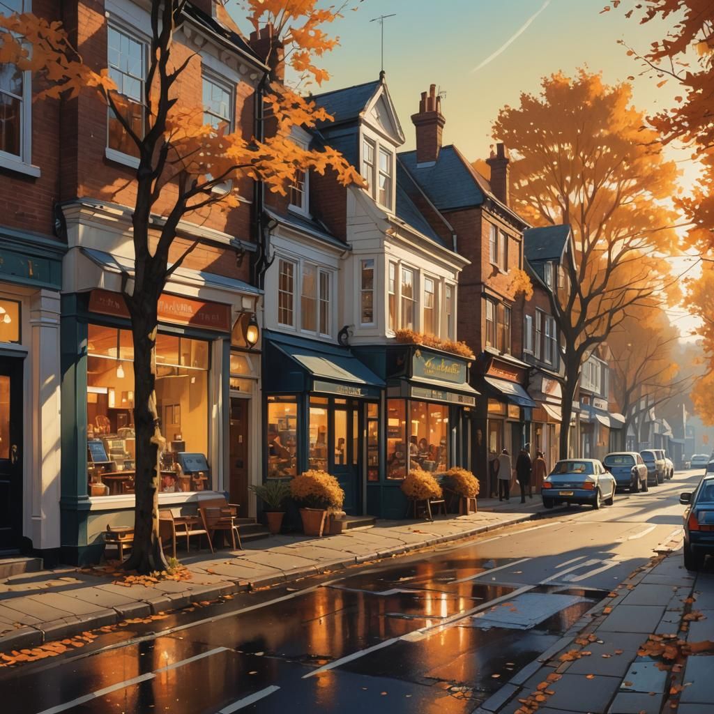 Quaint Autumn Street Scene in Shropshire, Syd Mead Style