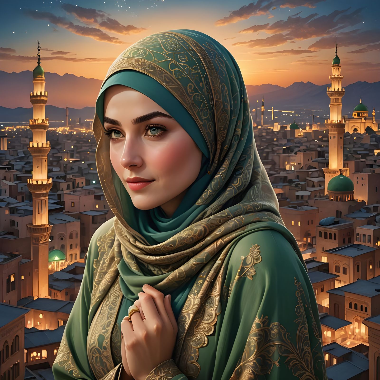 Radiant Woman in Jilbab, Night City Backdrop