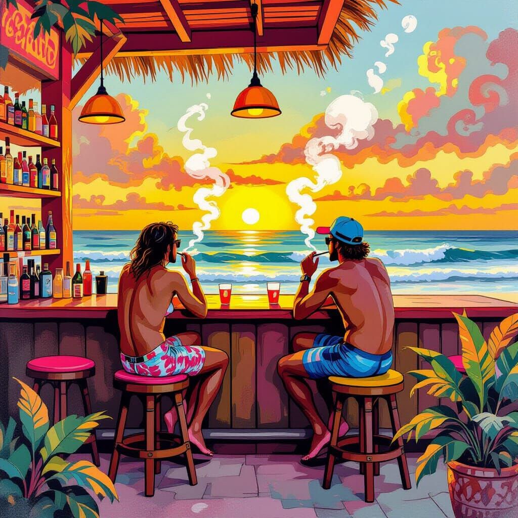 Surfers Relaxing in a Vibrant Beach Bar