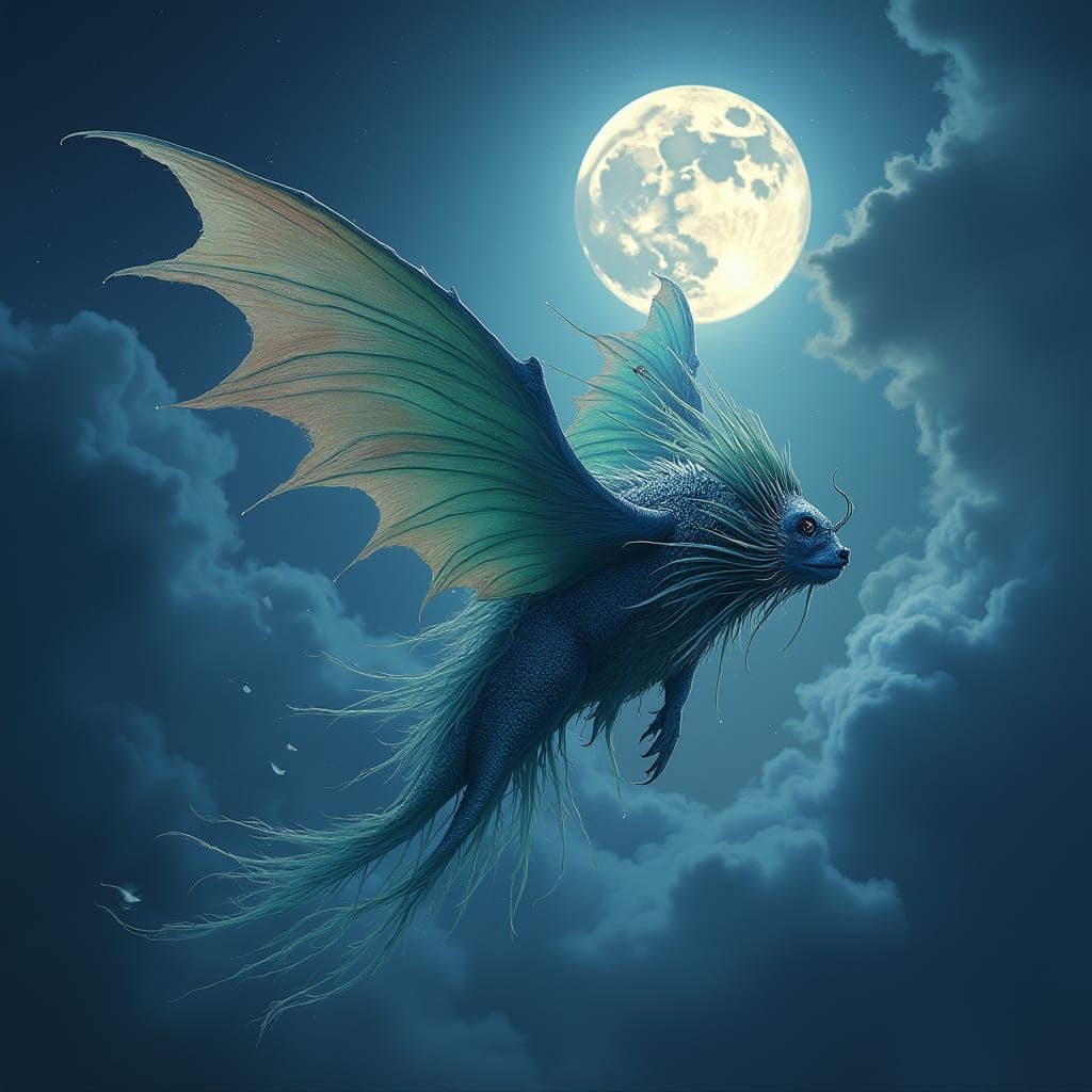 Lionfish-Bat Hybrid Soaring Through Dreamlike Night Sky