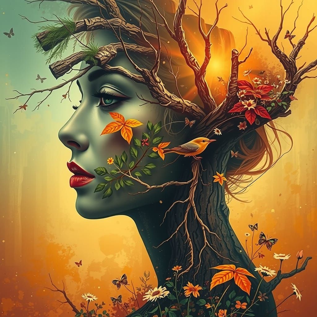 A Woman's Face Merges with the Organic Textures of a Forest