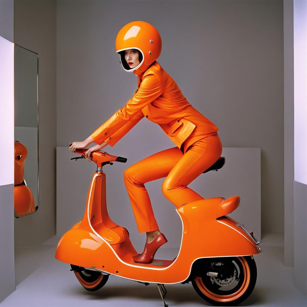 Woman on Scooter in Orange Mirrors, Impasto Gouache Style