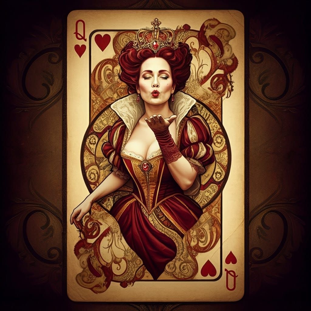 Regal Queen of Hearts Blows a Kiss from Antique Playing Card