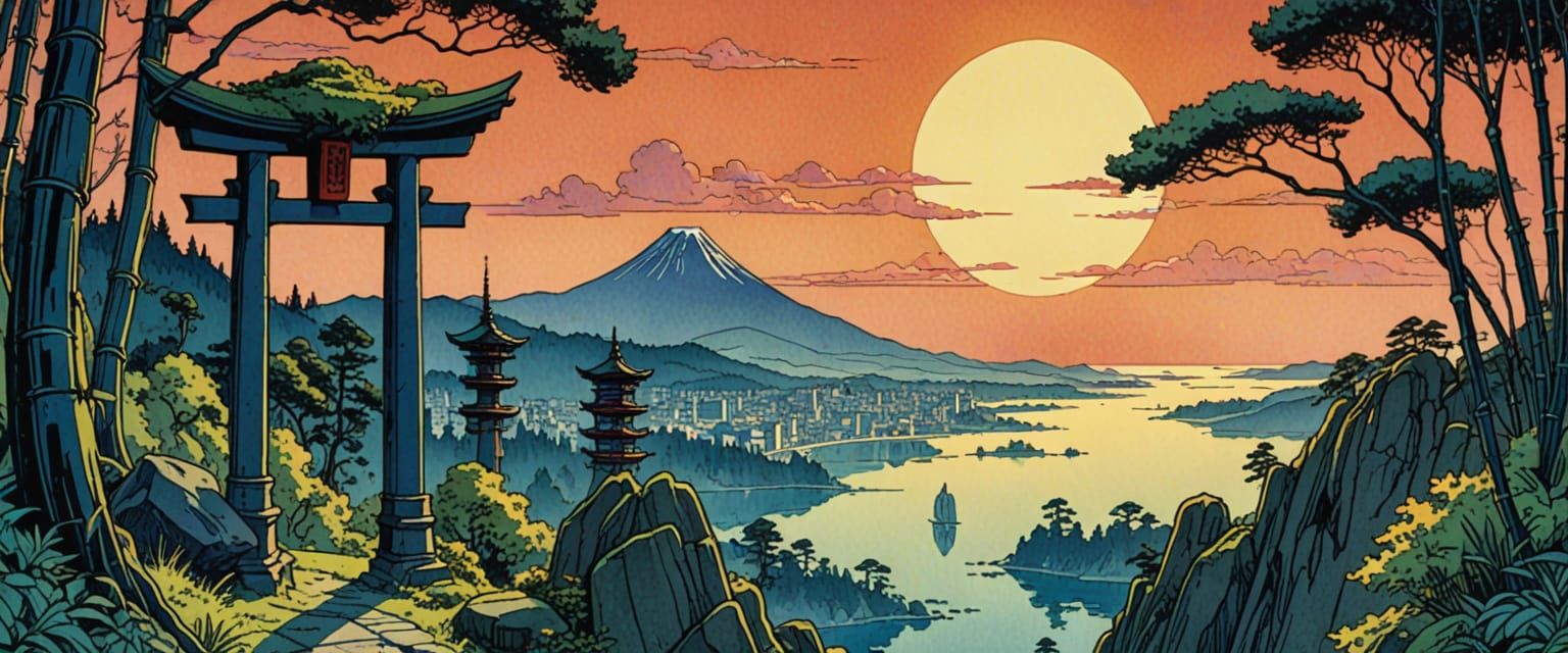 Black Torii Overlooking City in Watercolor Style