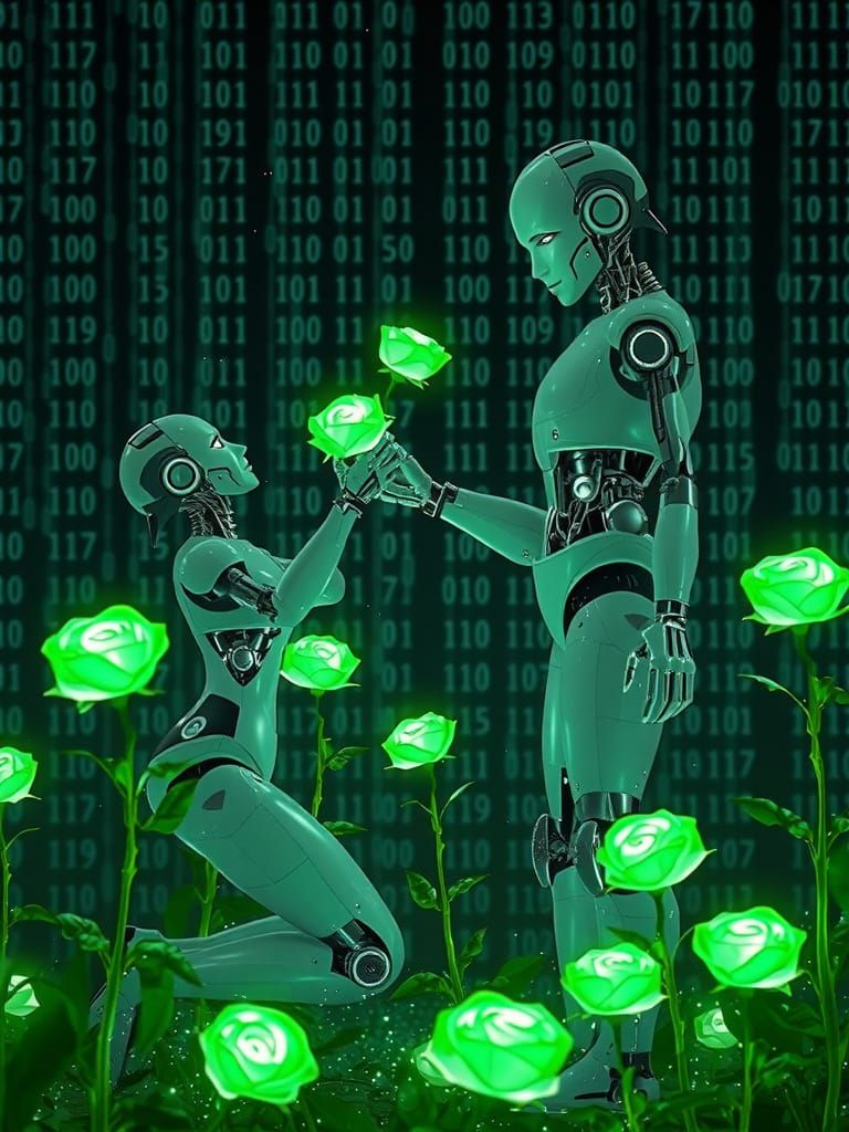 Robots Tending a Garden of Binary Code Roses
