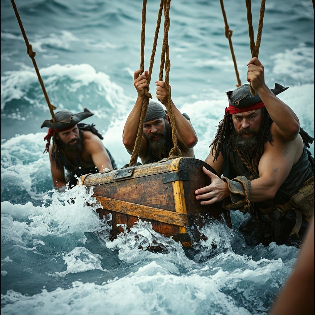 Pirates Uncover Weathered Treasure Chest at Sea