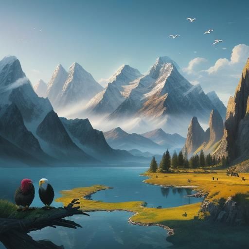 Vibrant Landscape with Eagles and Wildlife