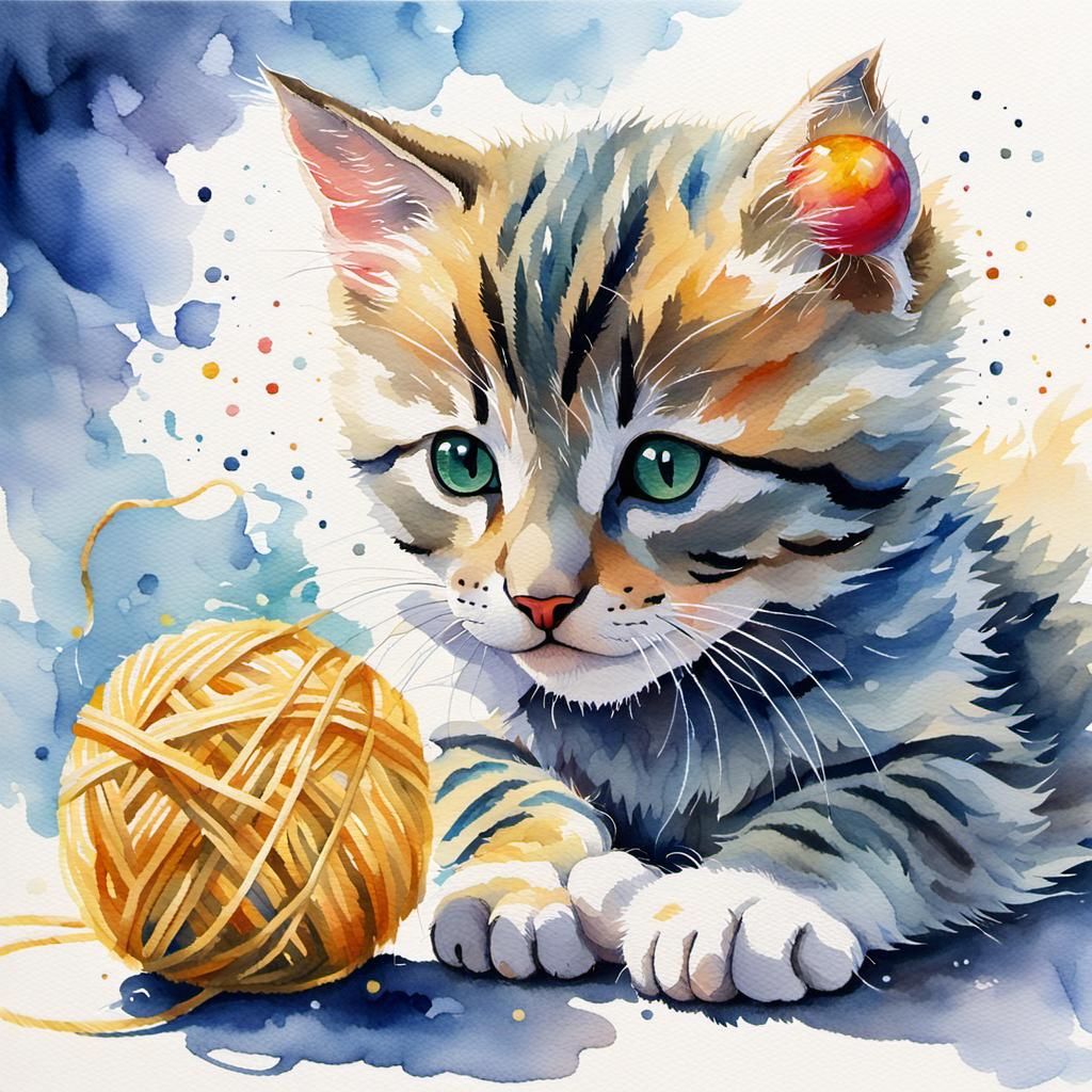 Whimsical Kitten Plays With Yarn in Watercolour