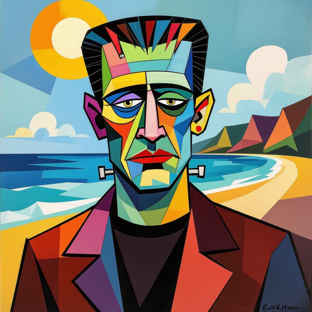 Frankenstein Monster on a Hawaiian Beach in Cubist Style