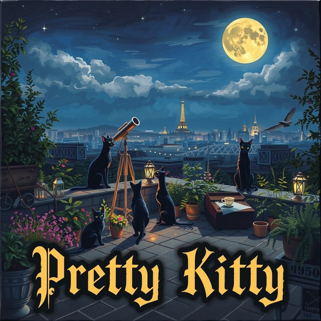 A dreamy nighttime cityscape viewed from a rooftop garden un...