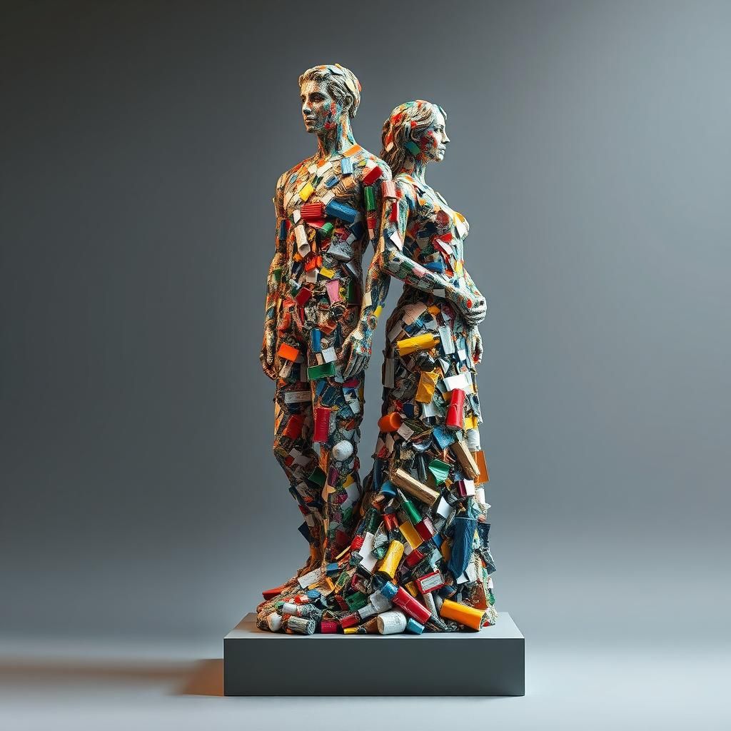 Recycled Sculpture of Man and Woman in Modern Art Style