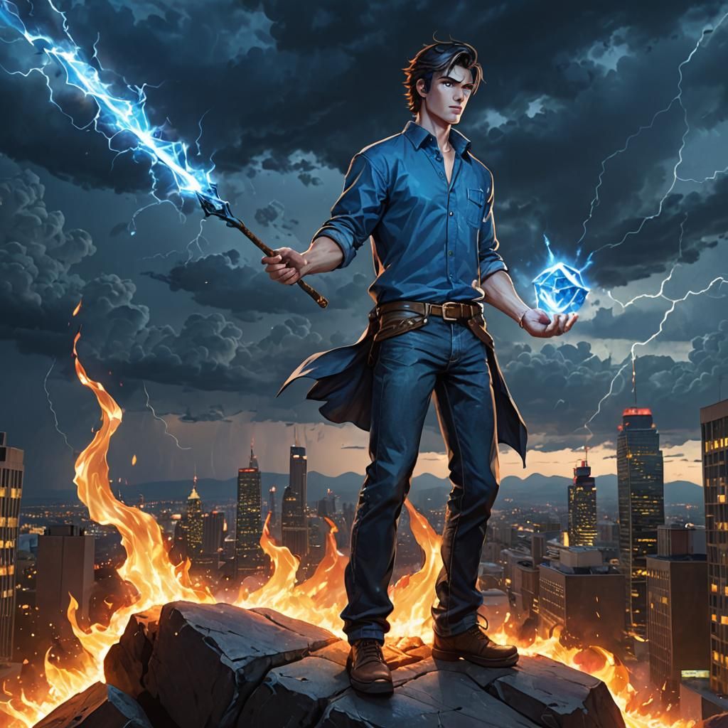 Young Man with Crystal Staff in Burning City