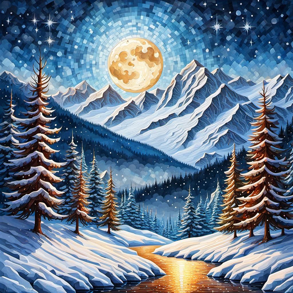 Winter Mountain Farm Under Mosaic Starry Sky