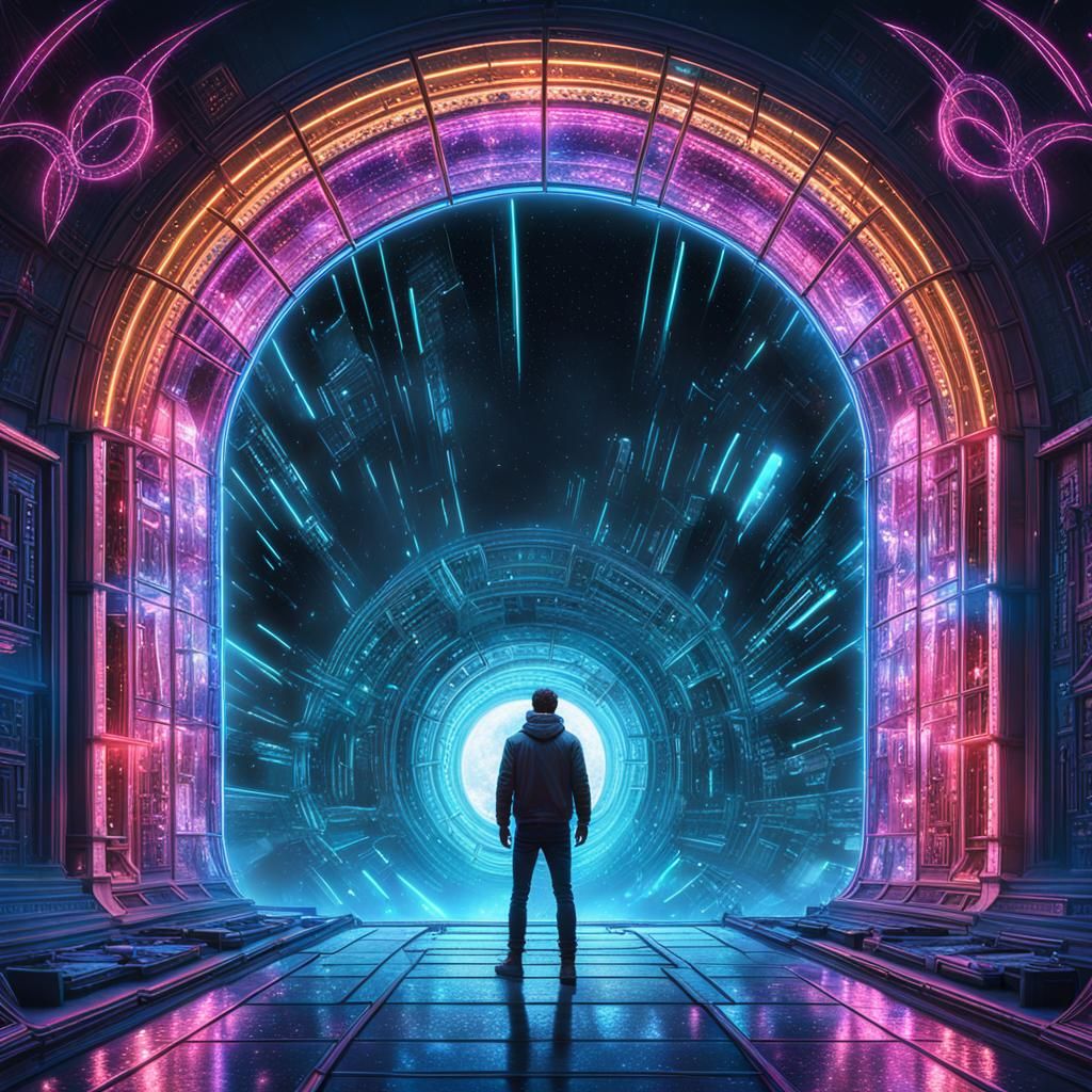 from reality to a vast dream vista, looking through a portal from space time to time space