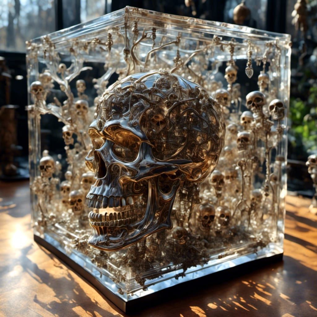 Glass Cube with Suspended Skeletons, Hyperreal Style