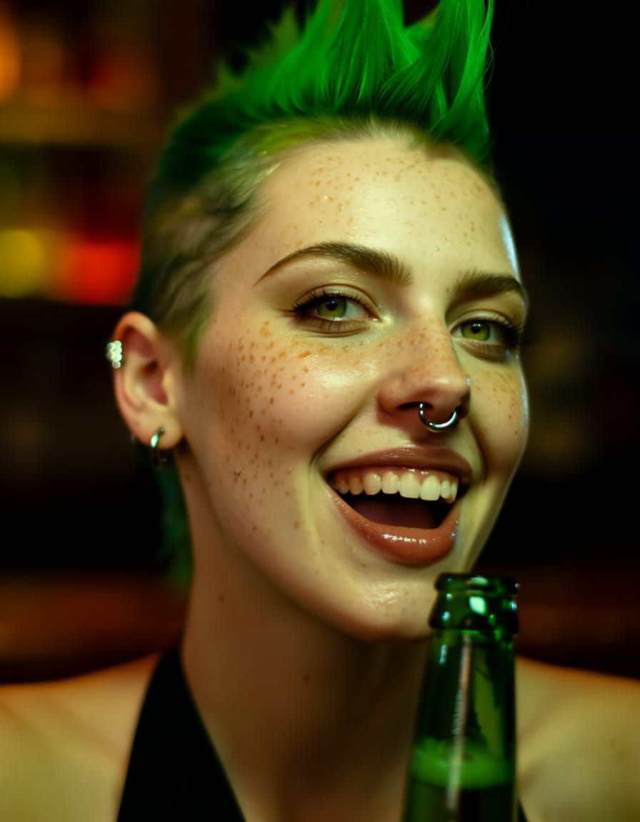 Woman with Green Mohawk and Piercings in Bar