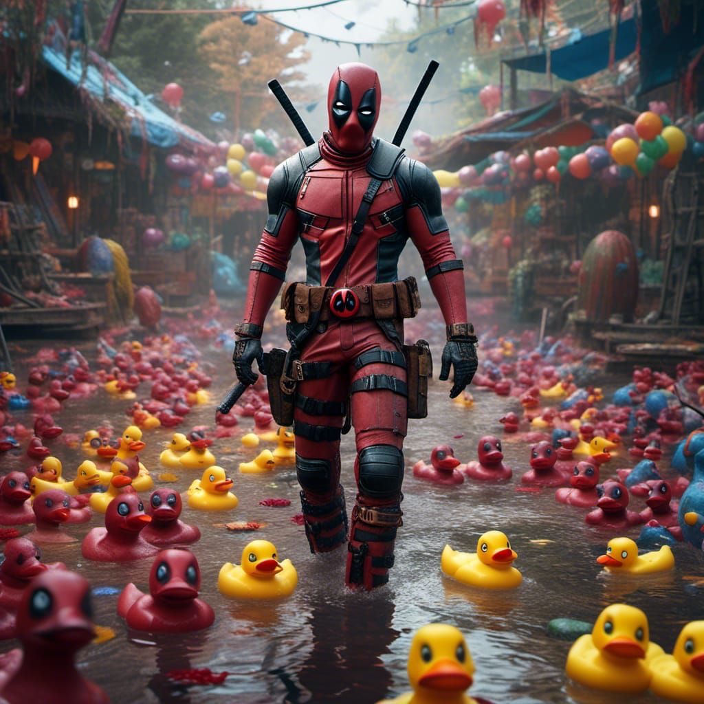 Deadpool Surrounded by Rubber Duckies: Detailed Matte Painti...