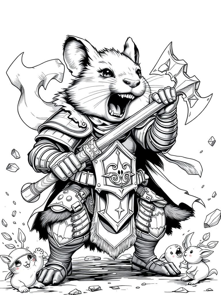 Fantasy Furry Hamster Maiden Wields Battle-Axe in Great Rage