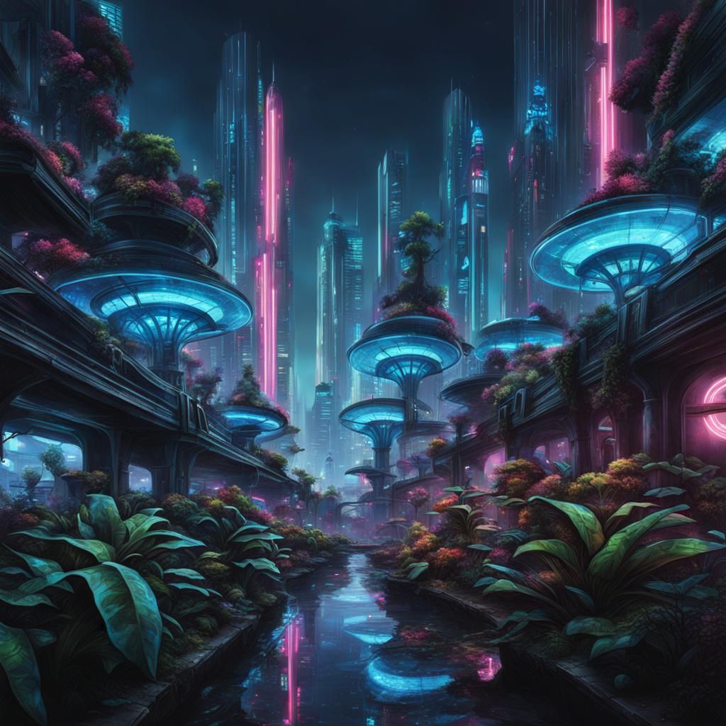 Cyberpunk City Transformed by Alien Flora