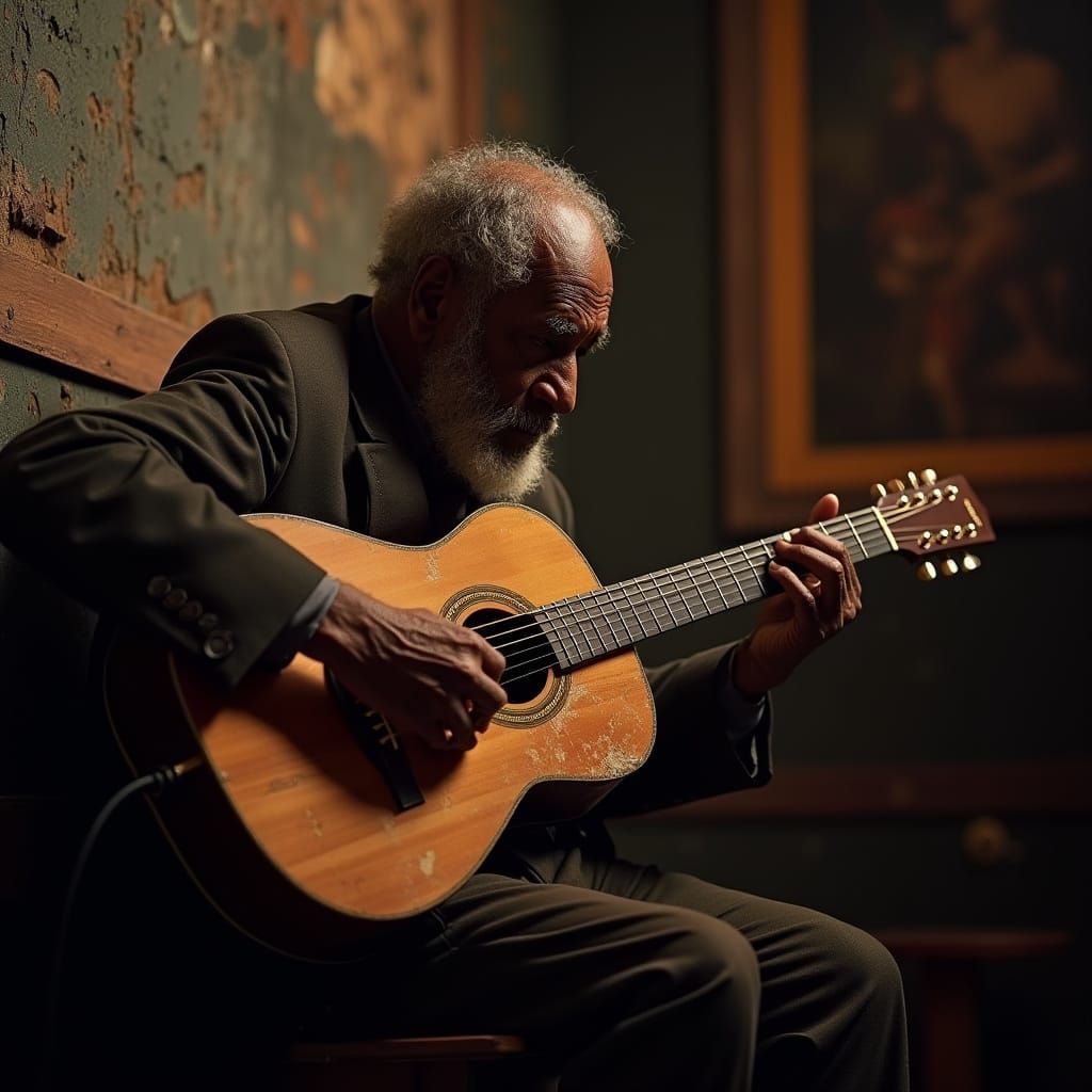 Elderly Musician Playing Guitar in Dramatic Light