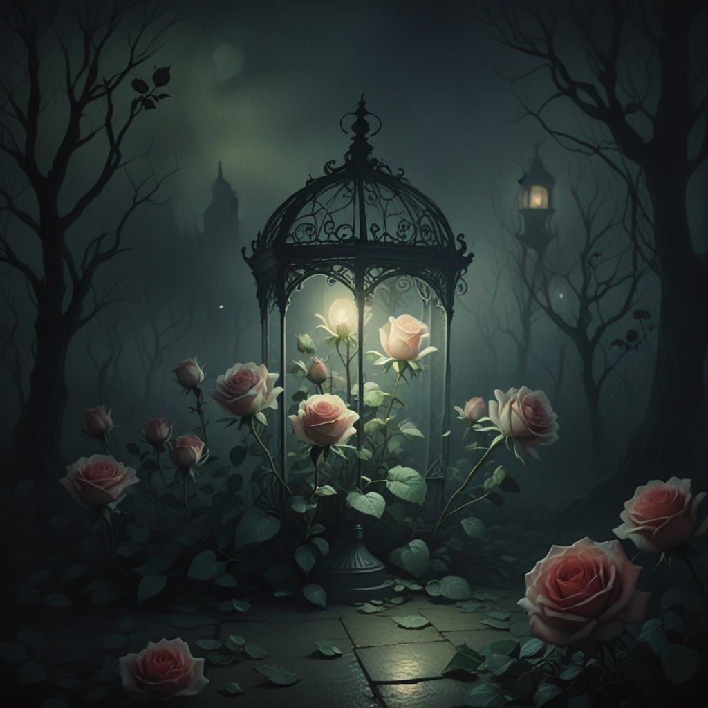 Ghostly Roses in Eerie, Soft Lighting, Whimsical Storybook S...