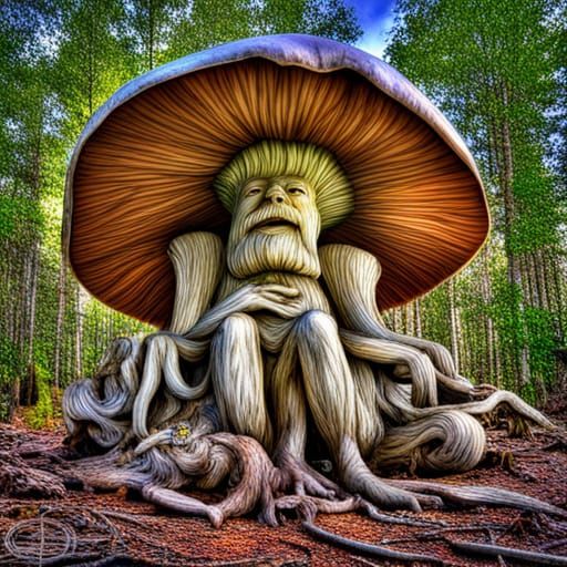 Mushroom King on Throne in Hyperrealistic Forest
