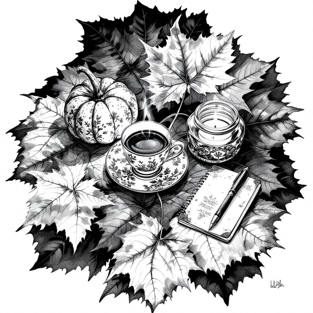 Autumn Still Life in Charcoal Drawing Style