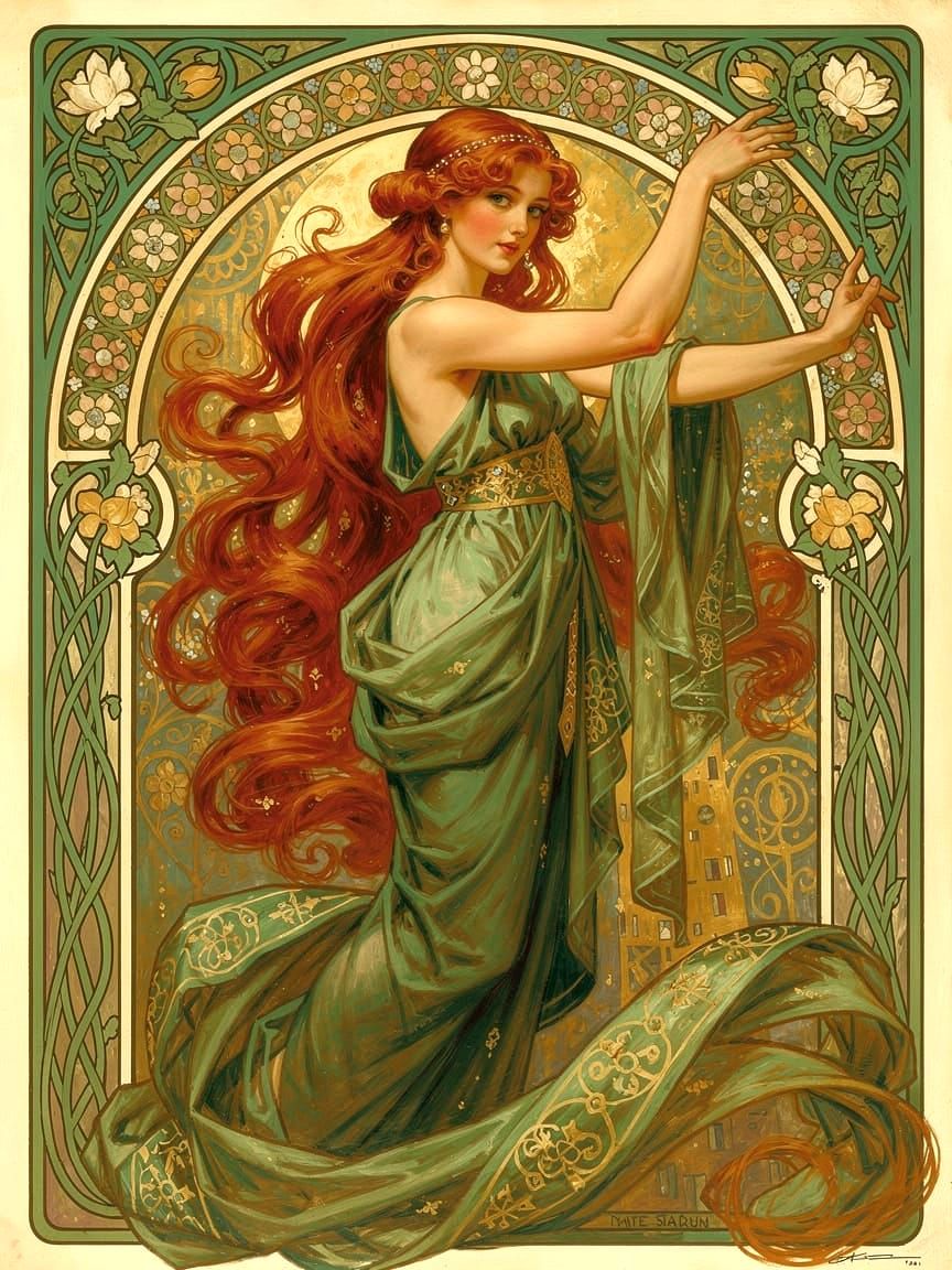 Art Nouveau Portrait of Redhaired Woman in Green