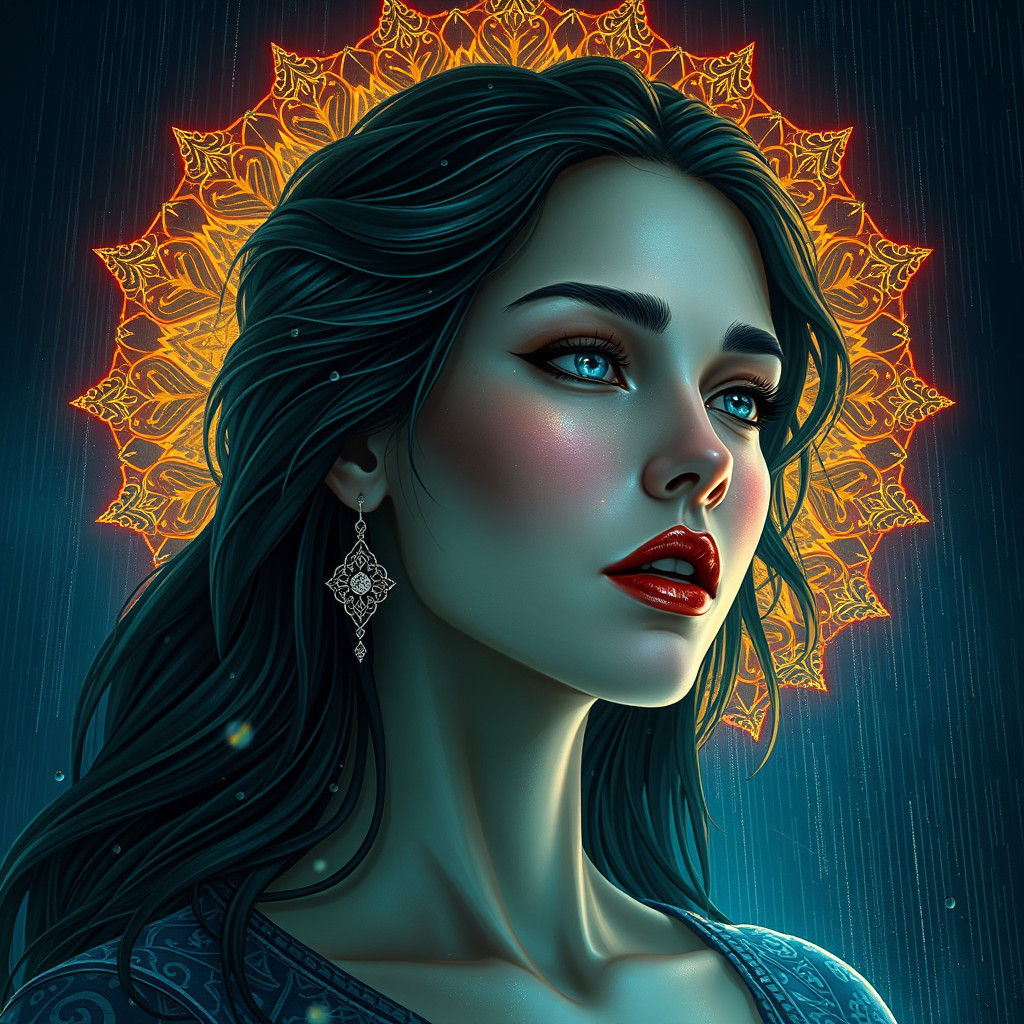 Ethereal Woman as Rain Embodiment in Digital Art