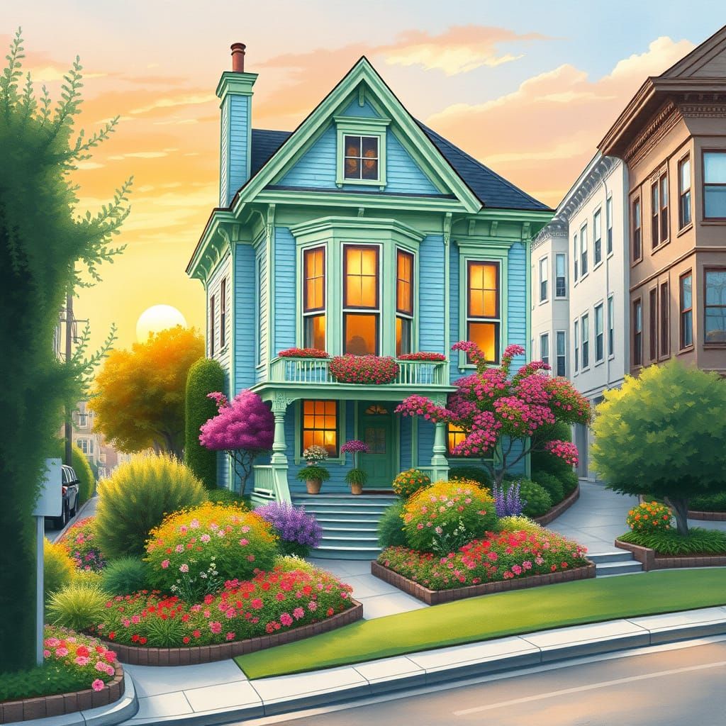 Whimsical Victorian House Amidst Vibrant Blooms at Sunrise