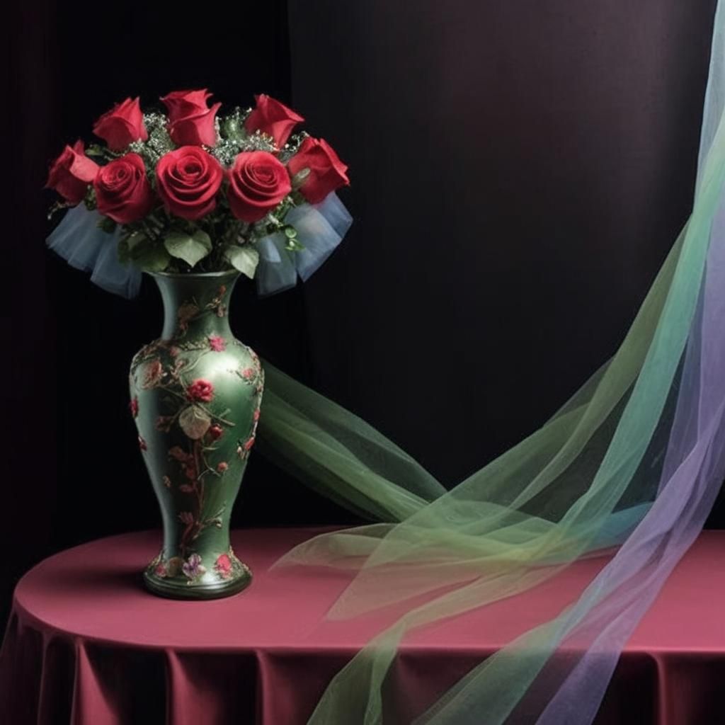 Rainbow Tulle Roses in Art Nouveau Style