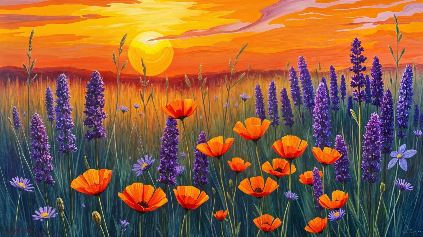 Vibrant Sunset Over Purple Heather and Poppies