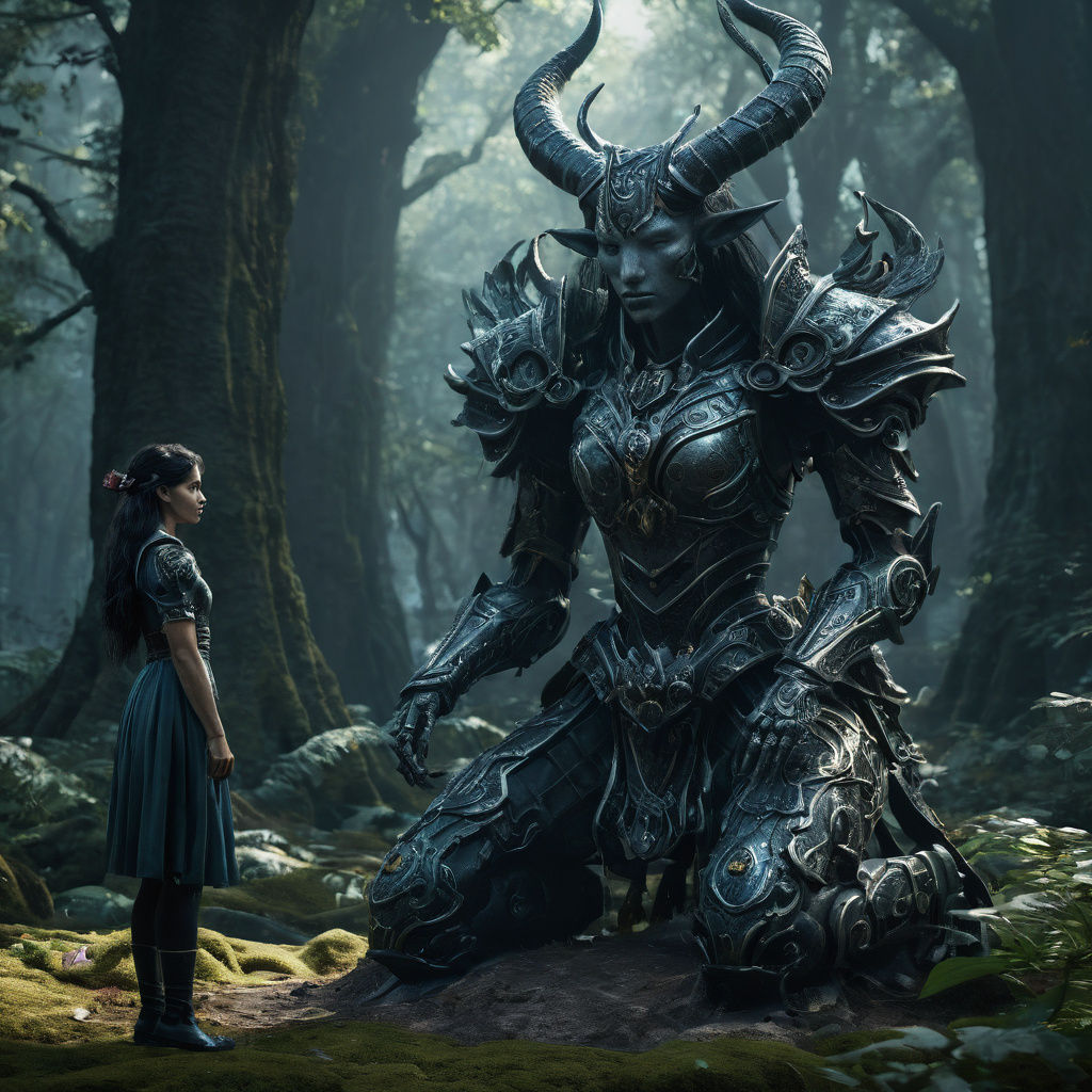 Tiefling Kneeling Before Ancient Queen Statue