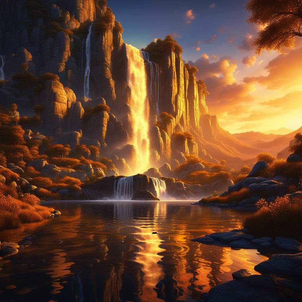 Golden Sunset Waterfall Mountain Landscape