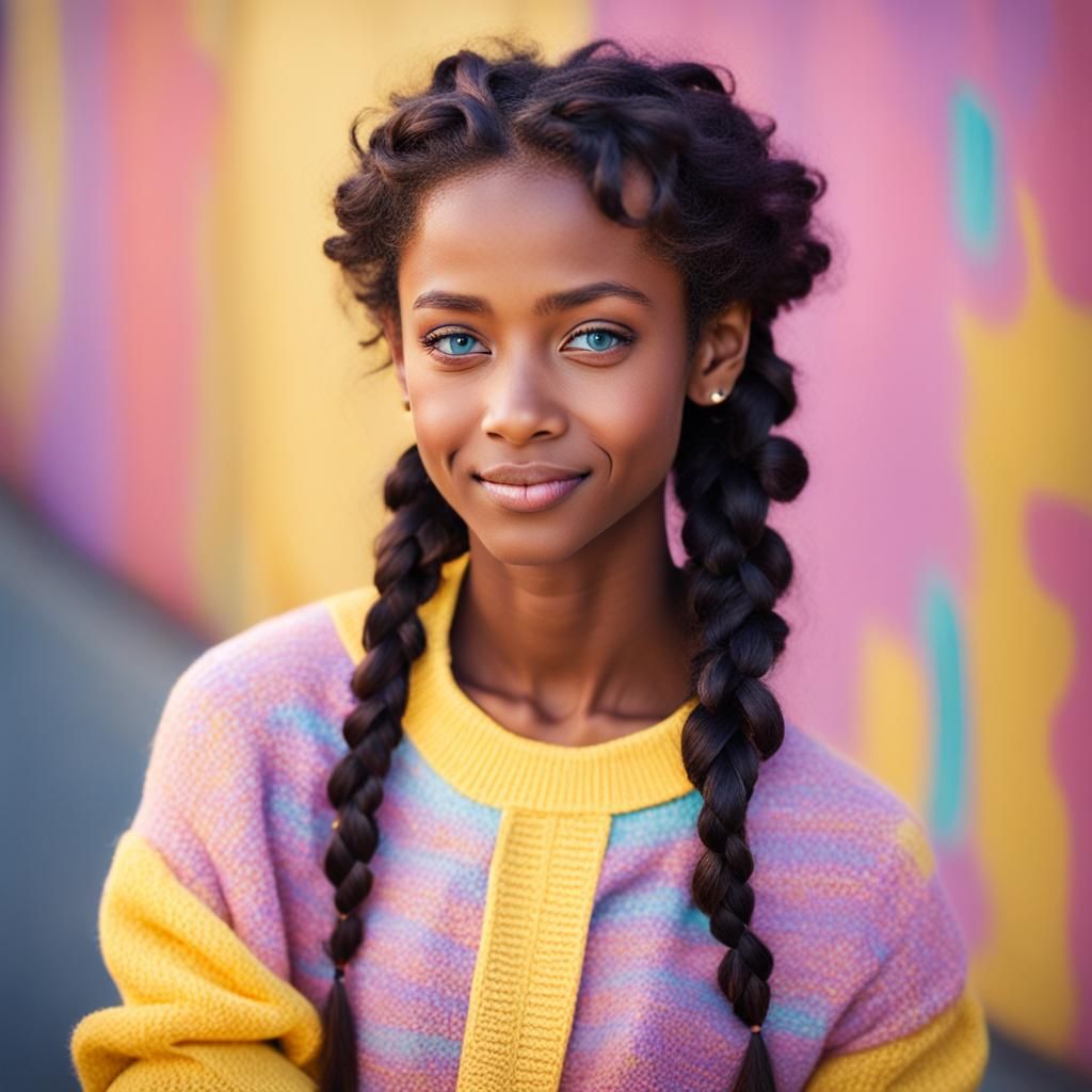 Slender Woman with Braids and Light Blue Eyes