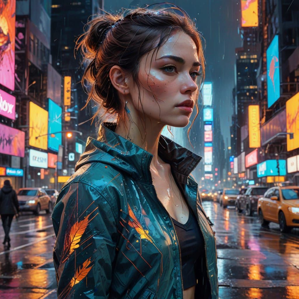Neo New York City Street Scene with Elegant Woman in Oil Pai...