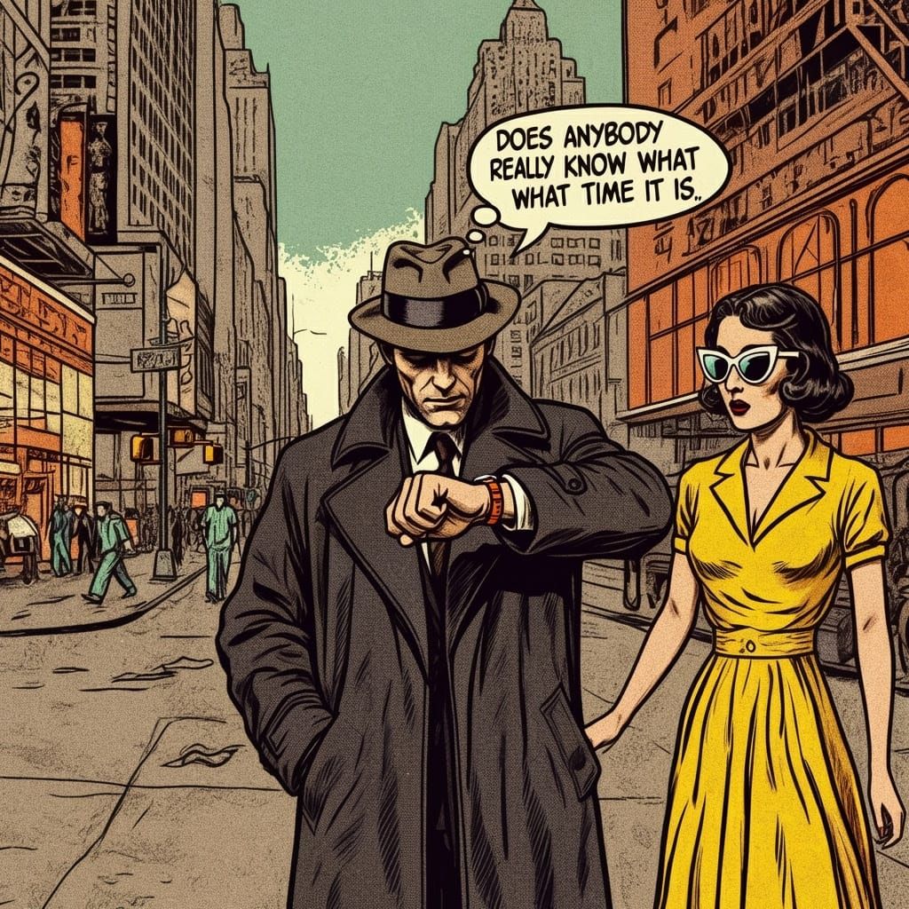 Man Ponders Time in Bustling City Street Scene