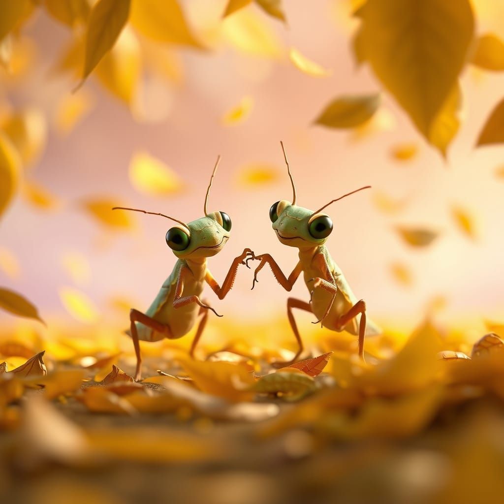 Adorable Mantises Chasing Through Golden Leaves