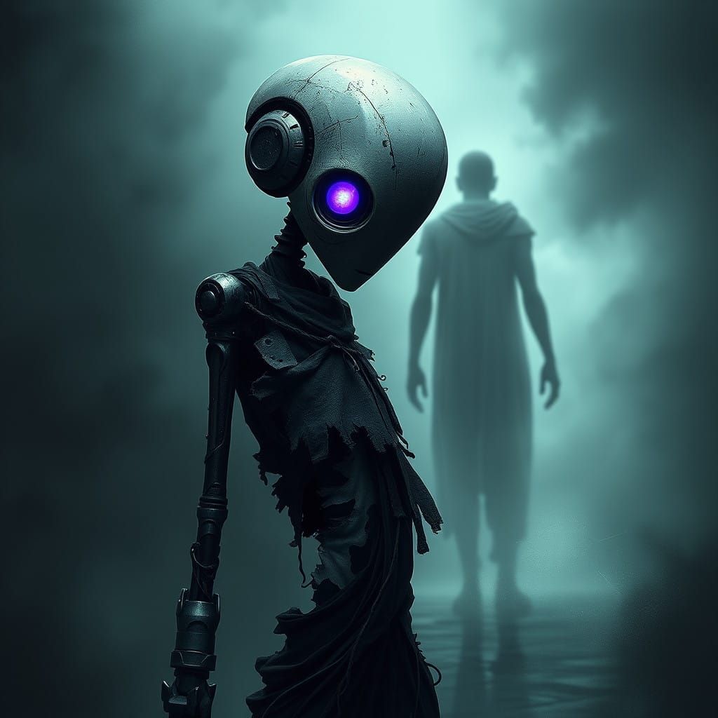 Ethereal Dark Robot with Glowing Eye and Cybernetic Arm
