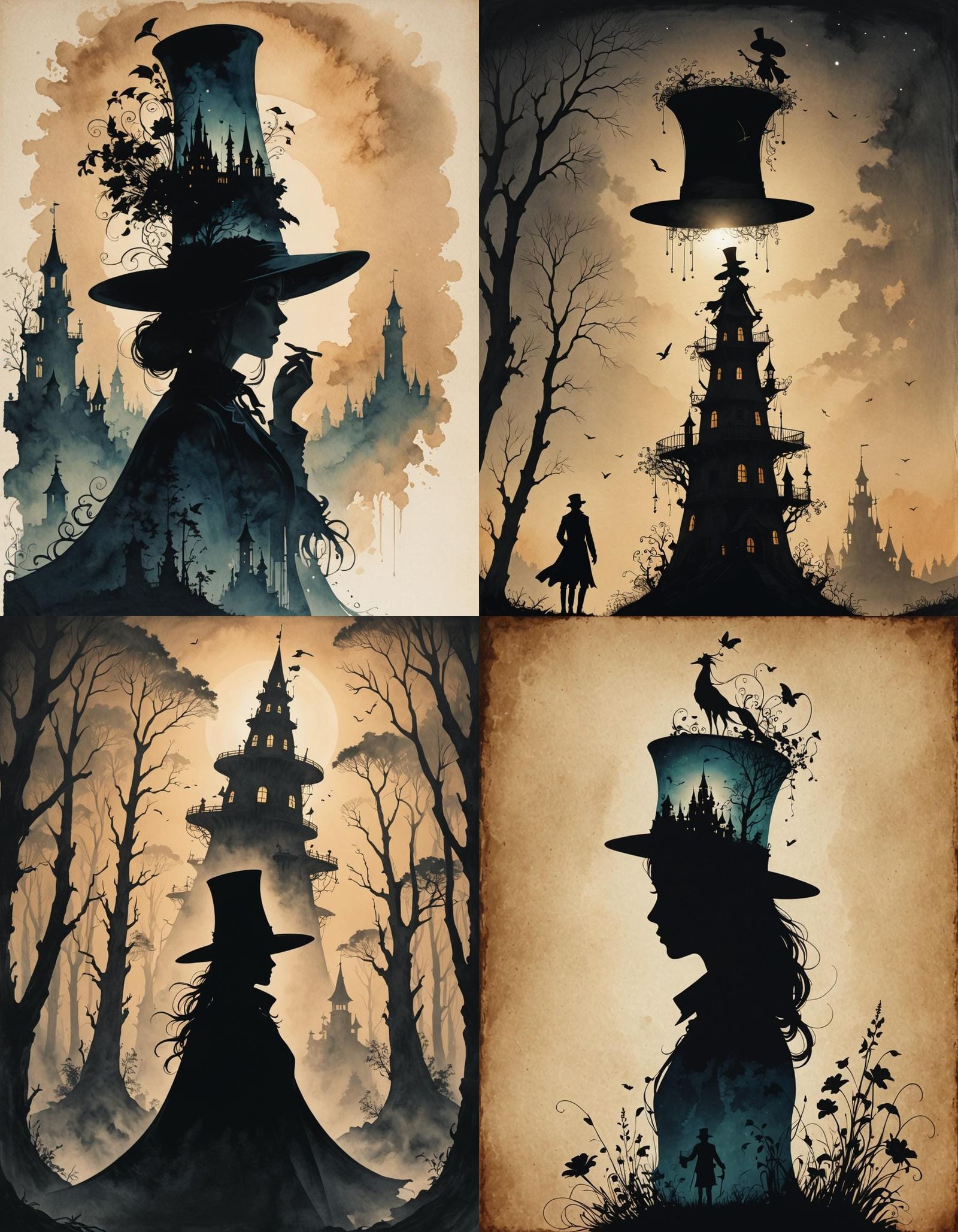 Dreamlike Silhouette Art in Tall Hat