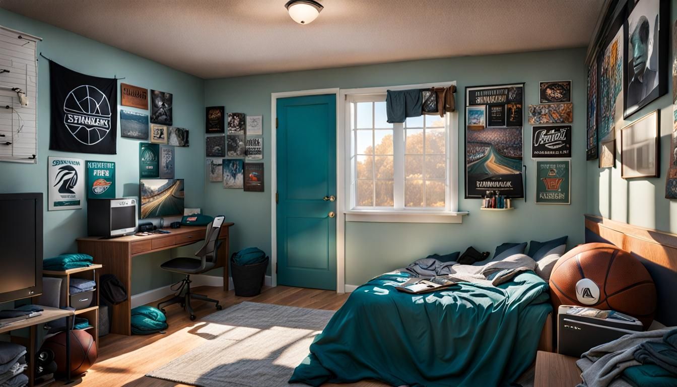 Messy Teen Bedroom with Sports Posters