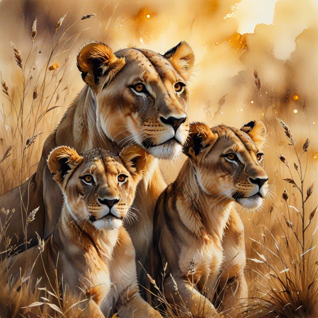 Lioness and Cubs in Watercolor Alcohol Ink Style
